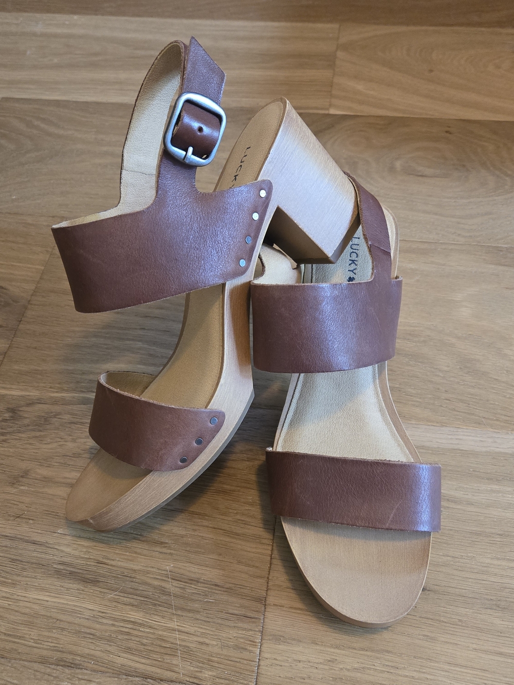 Lucky Brand Cognac Leather Platform Sandals with Block Heel